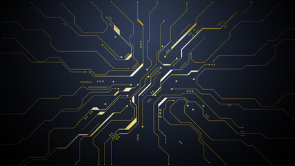  Intricate golden motherboard pattern on dark backdrop, futuristic AI technology concept with digital network lines, modern electronic design for innovation projects. Digital vector illustration 