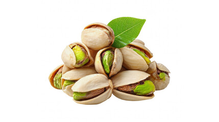 A close-up shot of a small pile of fresh pistachios with a green leaf on top