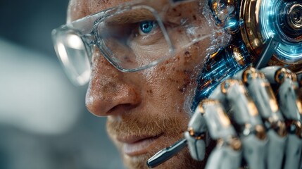Futuristic cyborg with advanced technology and blue eyes, a striking vision of transhumanism and the future of human evolution, ideal for sci-fi concepts