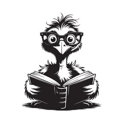 Clever emu bird reading textbook with stylish glasses intellectual learning animal illustration for education concept study book vector design