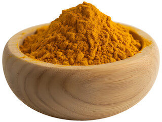 Turmeric Powder Piled in Wooden Bowl, Vibrant Golden Spice Heap in Rustic Bamboo Container on transparent background