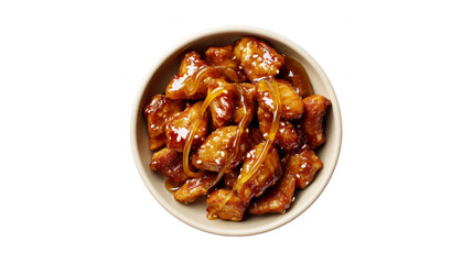A bowl of glistening honey sesame chicken pieces against a dark background