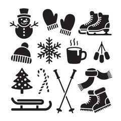 Collection of winter season vector elements illustration featuring seasonal items clothing recreation creating cozy and festive atmosphere during cold months holidays