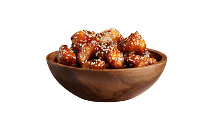 A wooden bowl filled with delicious sesame chicken bites on a black background