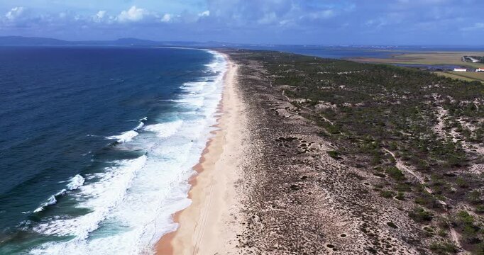 Aerial Drone View of Quiet Atlantic Shore and Natural Beach Landscape Near Comporta