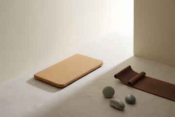 Minimalistic still life with leather phone case and stones