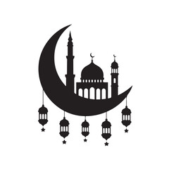 Crescent Moon and Mosque with Lanterns Silhouetted Against Night Sky Depicting Religious Observance During Holy Month of Ramadan Vector