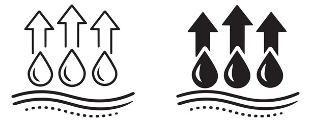 Line art and solid moisture evaporation icons set featuring water drops and upward arrows for textile features and fabric properties