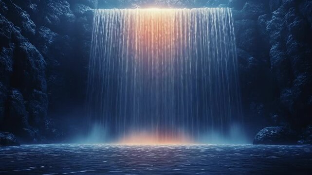 Majestic waterfall cascading in a dark cavern