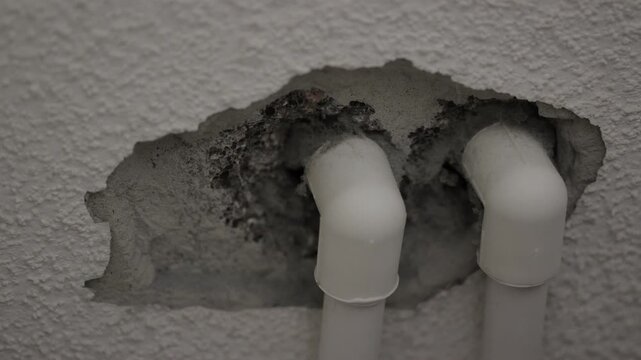 Two white plastic pipes protruding from a rough, damaged hole in a gray wall, revealing construction work, plumbing, and building defect