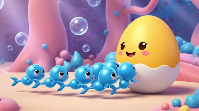 Cute blue creatures interacting with a smiling yellow egg in fantasy world