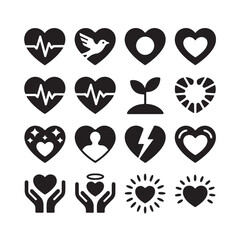 Heart icon collection set for love health and romance silhouette symbols including bird plant broken heart and medical pulse symbols for valentine day projects and medical clinic branding logos