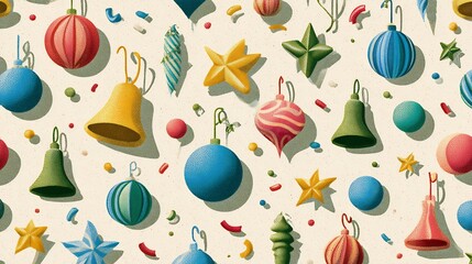 Festive seamless pattern of colorful Christmas ornaments, baubles, stars, and bells, with a charming vintage textured finish.