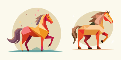Geometric Horse Design: Two stylized illustrations of horses. Each horse is formed with colorful geometric shapes, showcasing a modern and artistic Zodiac horse symbol.