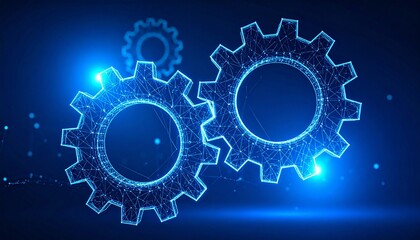 Digital wireframe gears glowing in blue on dark tech background