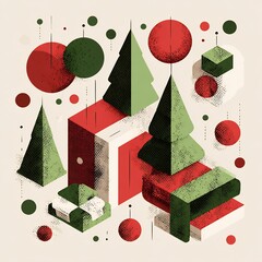 Creative isometric illustration depicting abstract Christmas trees, geometric gift boxes, and festive baubles in a modern, minimalist style with halftone texture.