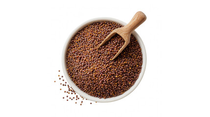 Brown mustard seeds in a white bowl with a wooden scoop on a black background