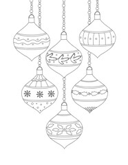 New Year and Christmas coloring page for children and adults. Christmas symbols.  Christmas balls.