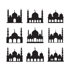 Islamic mosque silhouette set with minarets and domes for ramadan and eid celebrations black architectural buildings icons for muslim religious holidays and cultural mosque design elements