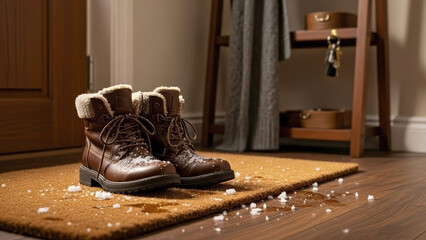 Brown leather winter boots in hallway, covered with melting snow and ice on textured doormat, showing cozy seasonal footwear. Warm fur lined winter boots in hallway stand by wooden entrance shelf.