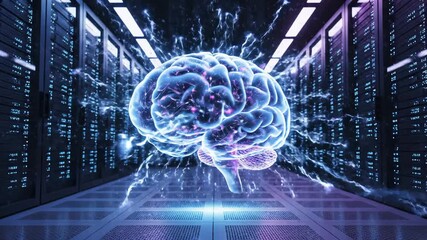 Artificial Intelligence: 3d Brain Model Pulsating in Data Center - Powered by Adobe