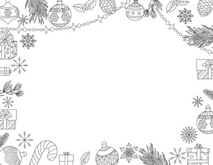 New Year and Christmas coloring page for children and adults.  Christmas symbols. Christmas gifts. Frame. 