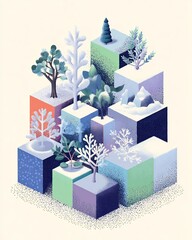 Abstract Isometric Landscape Featuring Colorful Cubes with Stylized Trees and Snow-Covered Plants, Creating a Modern Geometric Winter Nature Scene with a unique artistic vision.