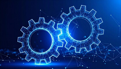 Digital wireframe gears glowing in blue on dark tech background