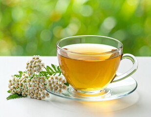 Herbal tea made from Achillea millefolium, also known as yarrow, served in a glass cup with fresh white flowers. Traditional medicinal herb used for digestive support, wellness, and natural healing.