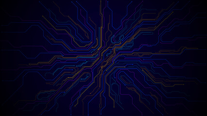 Futuristic cyber design with glowing pink and purple circuit patterns on dark backdrop, creating dynamic network visualization for artificial intelligence concepts. Digital vector illustration