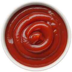 Swirling Tomato Ketchup in White Bowl Top View Closeup Fresh Condiment Serving on transparent background