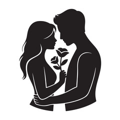 Romantic Couple Silhouette Vector Art Design Embracing Each Other With Rose Flower For Love And Relationship Concepts Isolated On Transparent Background