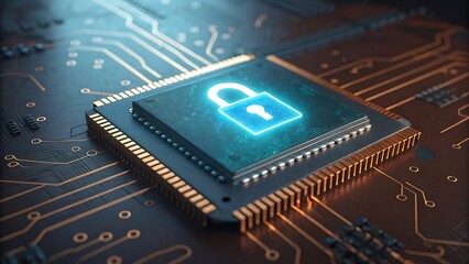 a glowing lock symbol on an electronic circuit board