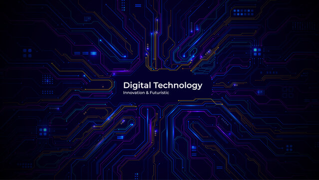 Abstract tech background with circuit board pattern and central text space. Blue and purple digital lines create futuristic data network design for AI concepts. Digital vector illustration