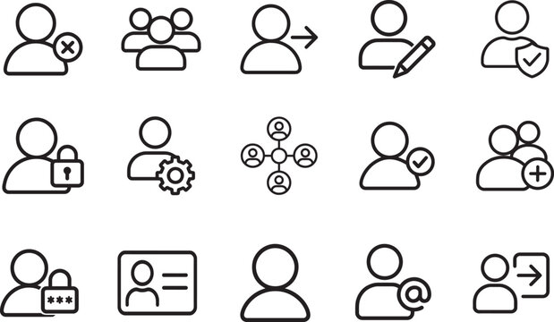   User account web icon set in line style with profile, avatar, login and access icons, editable stroke.