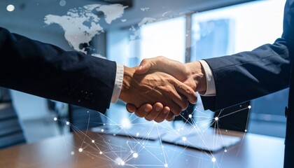 Business handshake with global digital network backdrop