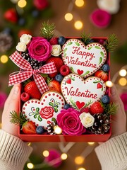 Romantic Valentine Gift Box With Heart Cookies, Flowers, and Berries for Valentines Day