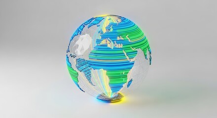 Abstract 3 D Globe with Neon Blue Green Yellow Streaks and Wireframe Continents on White Background