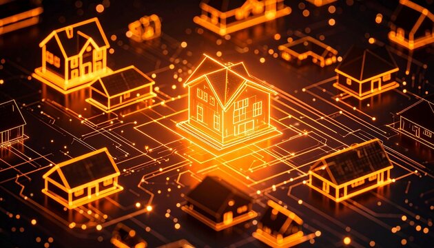 Glowing smart home network with central illuminated house - Powered by Adobe