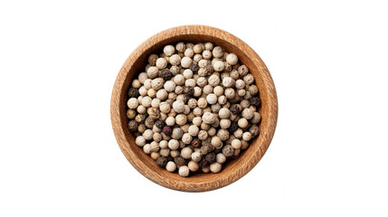 A top-down view of a small wooden bowl filled with white peppercorns on a transparent background
