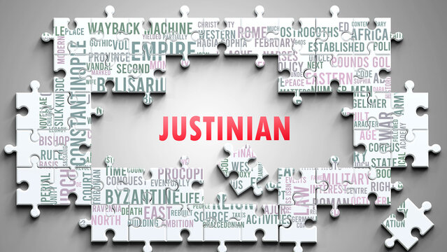 Justinian as a complex subject, related to important topics. Pictured as a puzzle and a word cloud made of most important ideas and phrases related to justinian. ,3d illustration