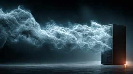 Dynamic server rack engulfed in ethereal digital cloud, symbolizing data flow and technological innovation in a modern, abstract setting.
