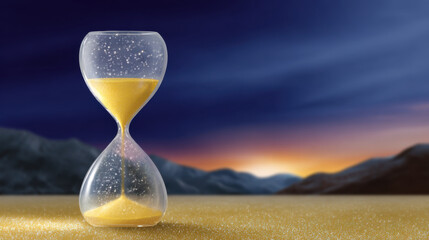 Hourglass sand sunset sky landscape time countdown glass horizon nature twilight dusk golden evening reflection timer abstract concept serene calm background silhouette mountain season deadline