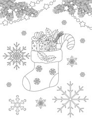 New Year and Christmas coloring page for children and adults. Christmas tree. Christmas symbols. Christmas gifts.
