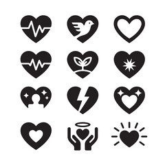 Various heart silhouette icons set for emotional and healthcare design including dove bird star plant and healing symbols for medicine and romantic branding vector graphics isolated on grid