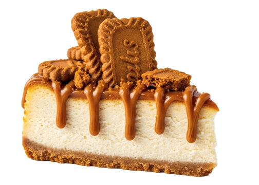 A decadent cheesecake slice drizzled with caramel and topped with lotus biscuits