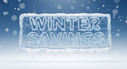 Captivating 3D Illustration of 'WINTER SAVINGS' Text Frozen in a Solid Block of Ice