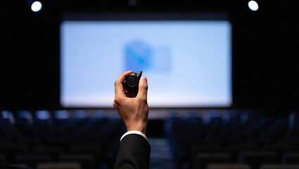 Hand holding black remote control in front of large screen with blue transparent background