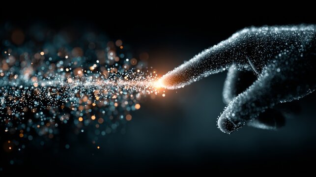 Captivating digital hand reaching out, creating a vibrant energy burst of glowing particles against a dark, abstract background, symbolizing innovation and connection - Powered by Adobe
