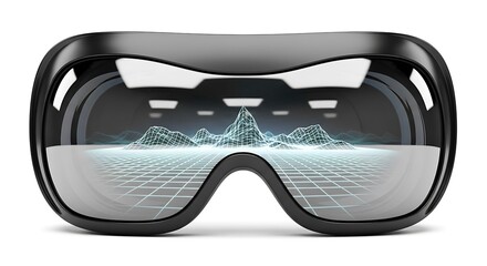 Black virtual reality headset displaying a glowing blue wireframe mountain landscape and grid VR headset